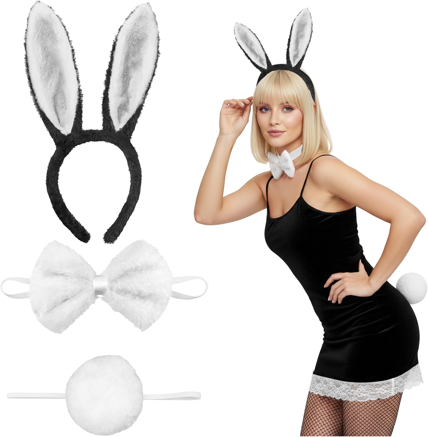 Costume de lapin 7 pièces avec oreilles de lapin noires, bandeau, collier, nœud papillon, poignets, queue, gants, bas résille, lunettes de soleil pour femme