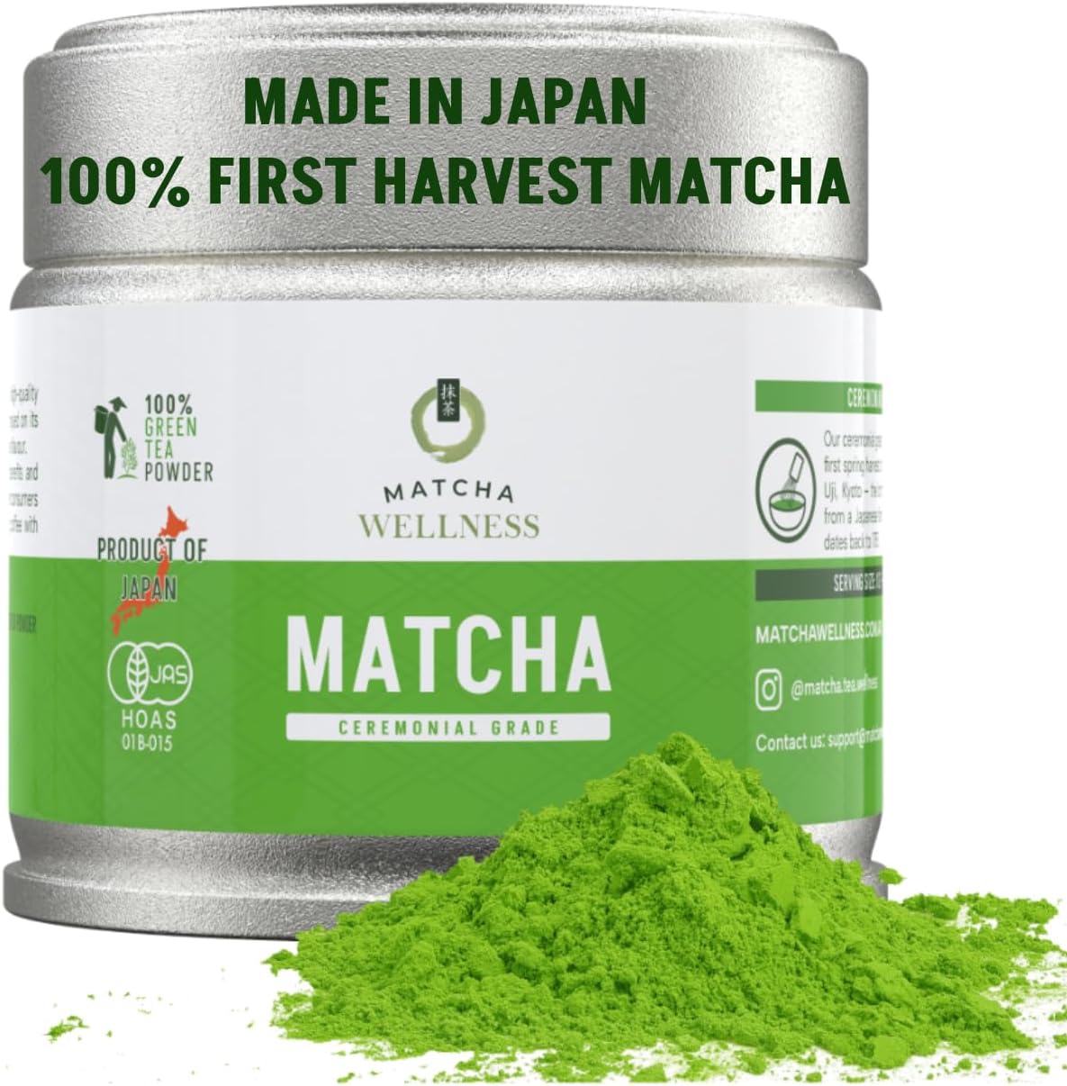 Matcha Wellness Ceremonial Grade Matcha Green Tea Powder – 100% Authentic First Harvest Japanese Green Tea for Traditional Tea & Pure Drinking (1.41 oz / 40g)