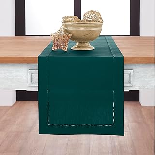 Solino Home Dark Green Table Runner 72 Inches Long – Cotton Linen Hemstitch Table Runner 14 x 72 Inch – Machine Washable S...