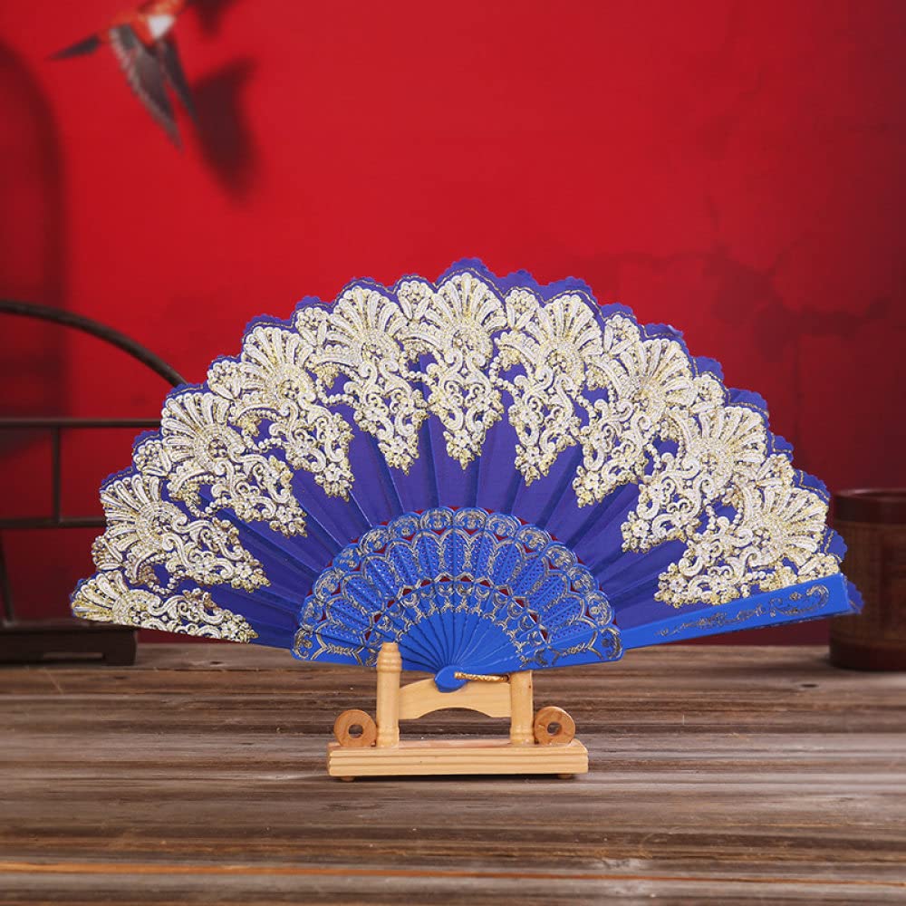 Foldable Handheld Fans, Ladies Handheld Collapsible Fan Luxury Fashion Dark Blue Bronzing Flowers Lace Silk-Like Fabric Handheld Fans Hollow Plastic Legs Fans for Summer Party Wedding Dance