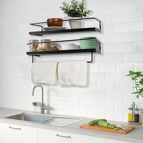 Miniatura 4 de Juego de 2 estantes flotantes de baño con marco de metal negro y toallero para baño, almacenamiento sobre inodoro y organizadores para dormitorio