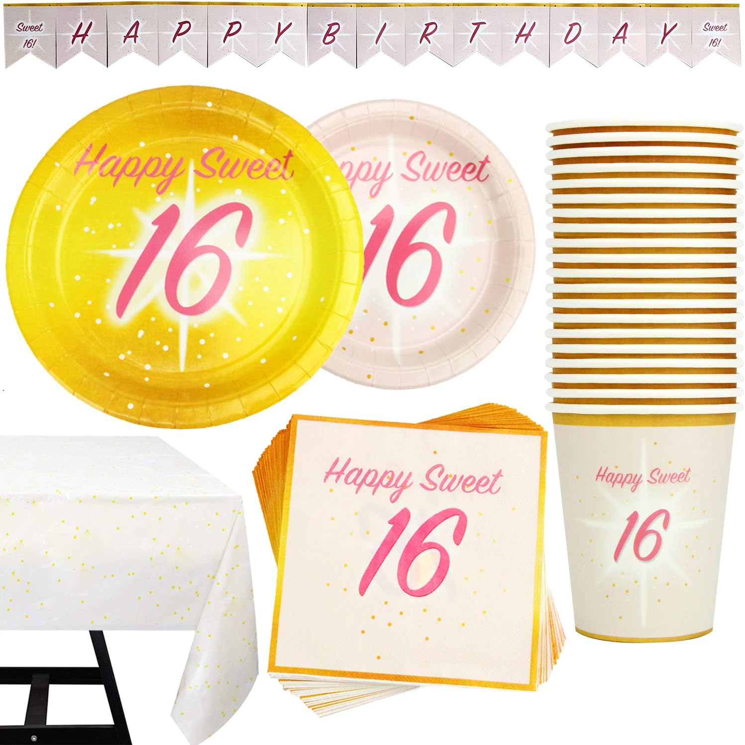 82 Piece Sweet 16 Party Supplies Set Including Banner, Plates, Cups, Napkins, and Tablecloth, Serves 20