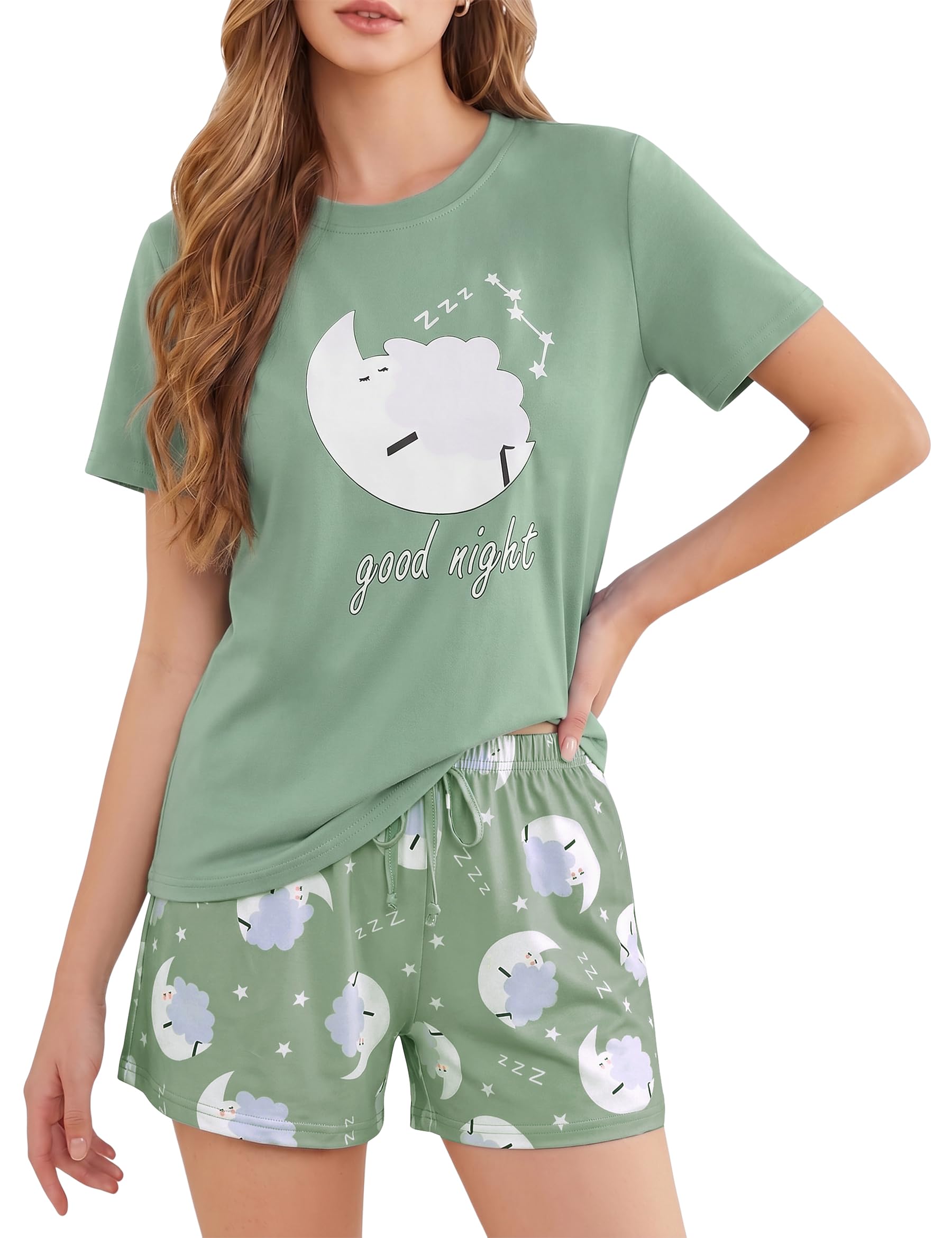 Leversic Damen Schlafanzug Kurz Pyjama Set aus Baumwoll-Mix, Sommer Nachtwäsche Zweiteiler mit Print-Motiv, Kurzarm Shirt und Shorts Loungewear Set für Frauen
