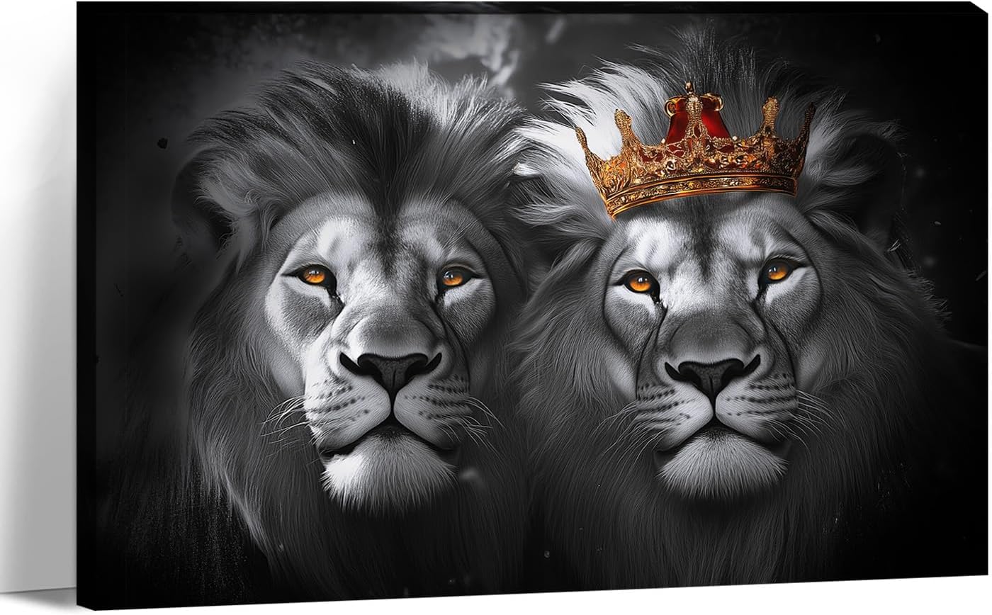 LYUNSHUO Lion and Lioness Canvas Wall Art Black and White Animals Couple Pictures Prints Abstract Wildlife Painting Minimalist Artwork for Living Room Bathroom Bedroom Office Wall Decor Ready To Hang
