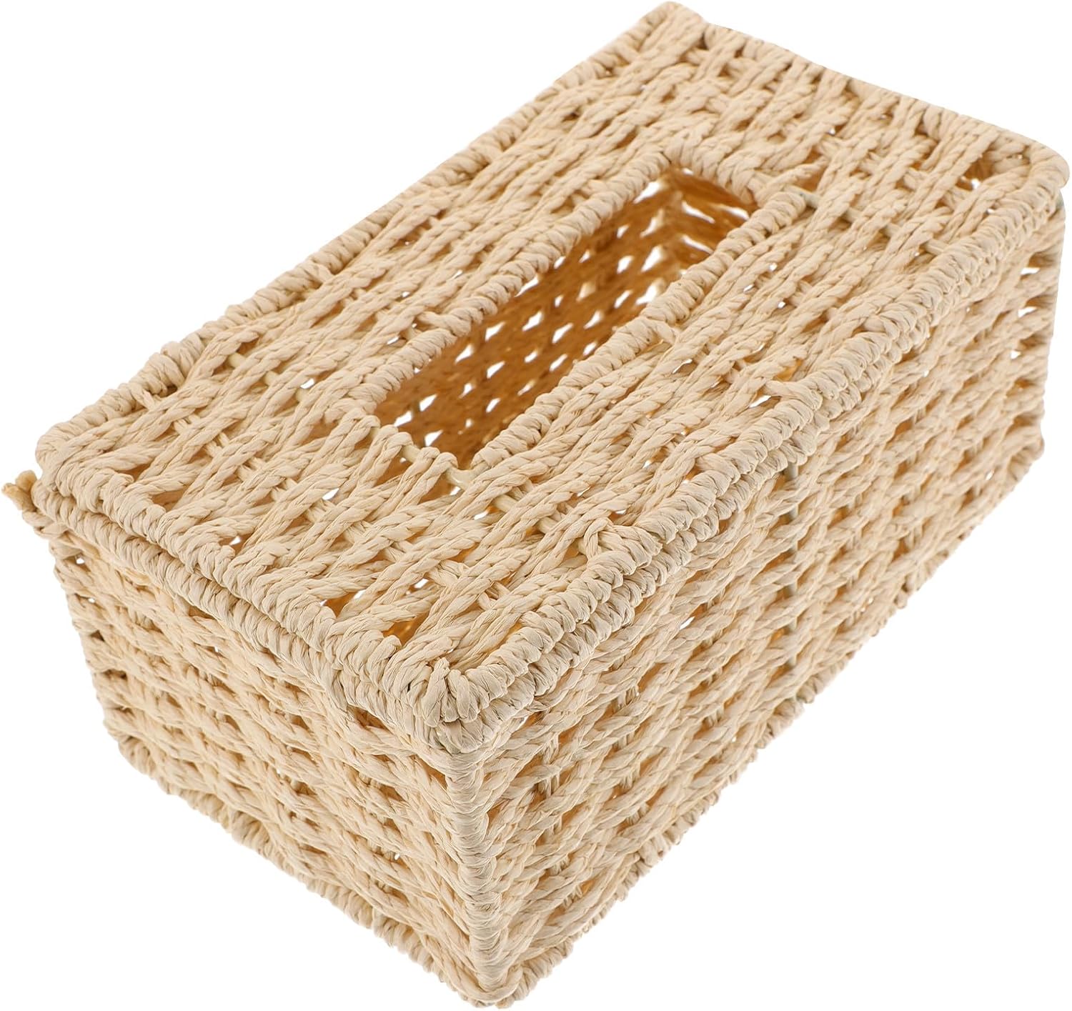 DOITOOL Rustic Beige Paper Rope Tissue Box Holder with Decorative Design and Easy to Open Feature, Handmade Woven Napkin Dispenser for Car and Bedroom Use