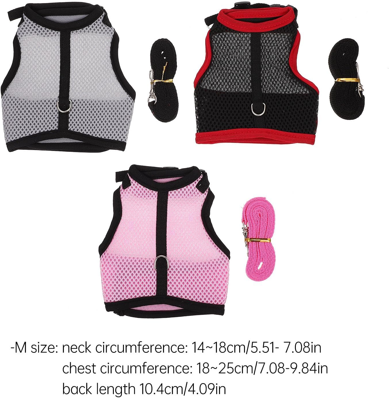 Small Animal Harness Leash 3pcs Set, Vest-Style Rabbit and Hamster Chest Strap Harnesses, Adjustable Pink/Black/Gray Medium, Lightweight Summer Bunny Walking Leash for Pets