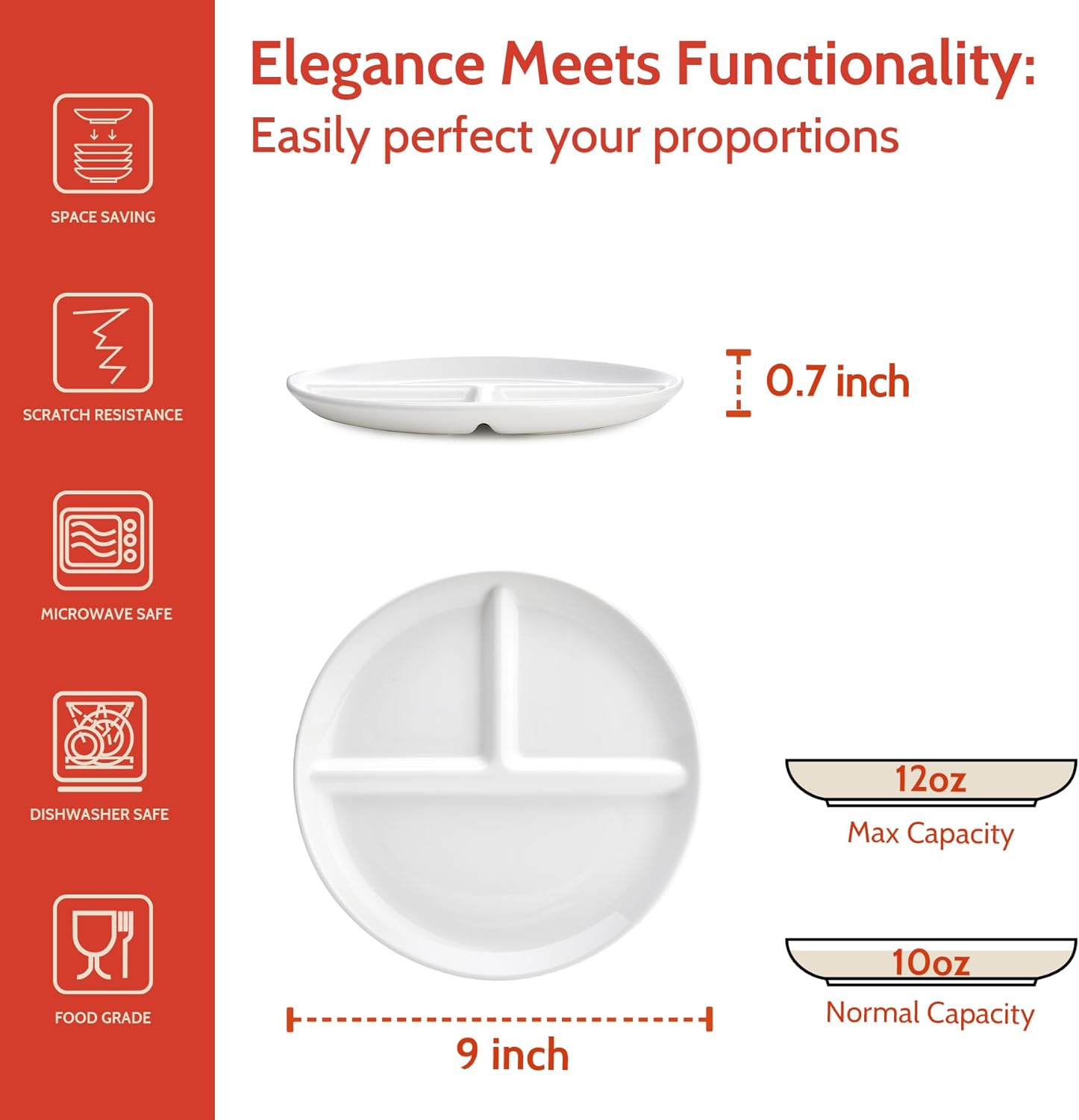 Sweese Porcelain Division Dinner Plates Set of 2, 9 Inch Divided Plates for Adults, Balanced Meal Building - White