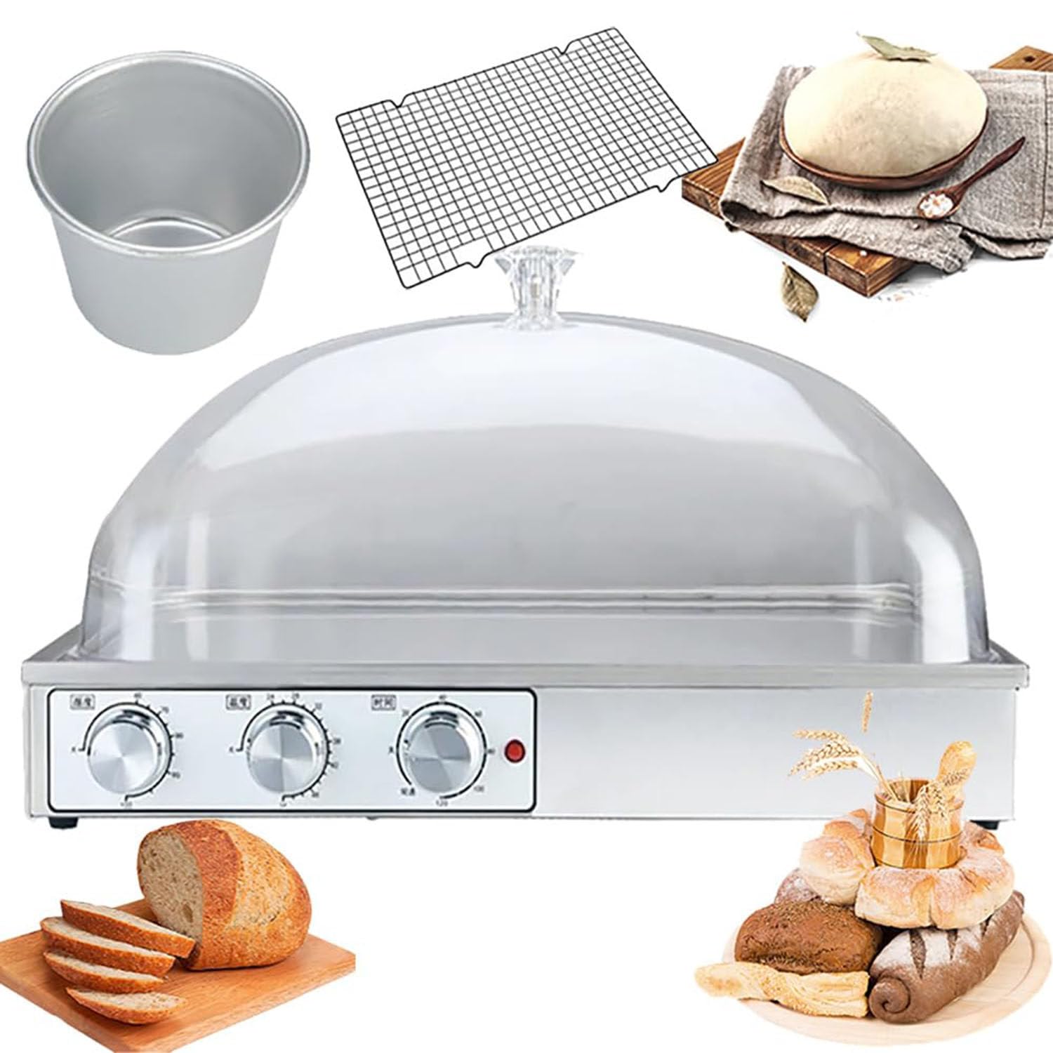 Fermentadora eléctrica de masa de pan, con vaso humidificador y rejilla, cuerpo de acero inoxidable, cubierta de policarbonato transparente, base antideslizante, control independiente de temperatura