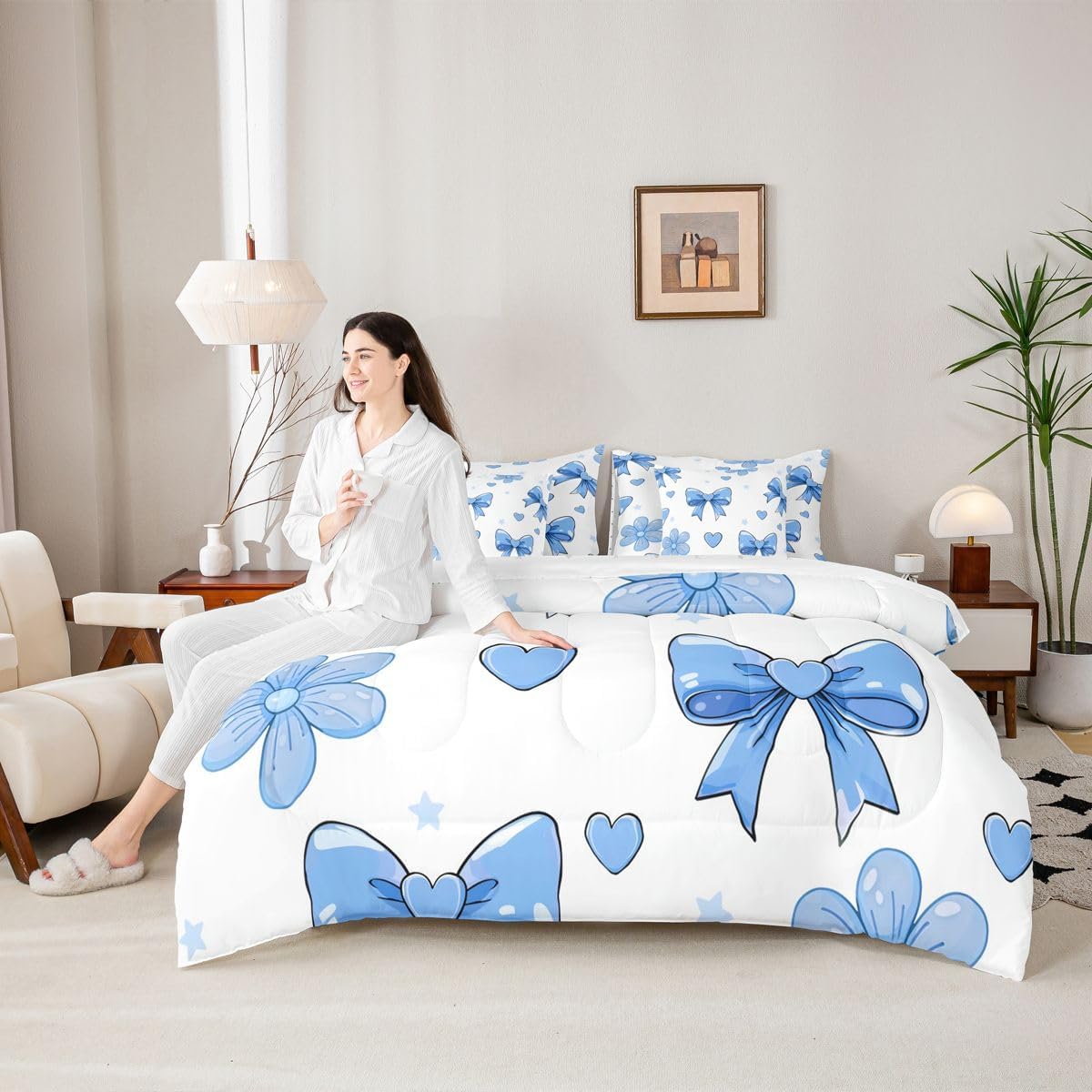 jejeloiu Bow Comforter Set Full Size 7 Pieces Bowknot Bedding Set for Kids Boys Girls White Blue Bed in a Bag with Comforter, Sheets, Pillowcases, Cushion Covers Bow-tie
