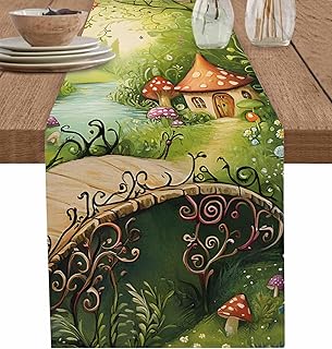 DecorLovee Mushroom Forest Table Runners 70 Inches Long, Green Fantasy Cottage Vintage Plant Lake Farmhouse Table Runner Dress Scarves, Decorative Coffee Tablerunner for Kitchen Island/Party 13"x70"