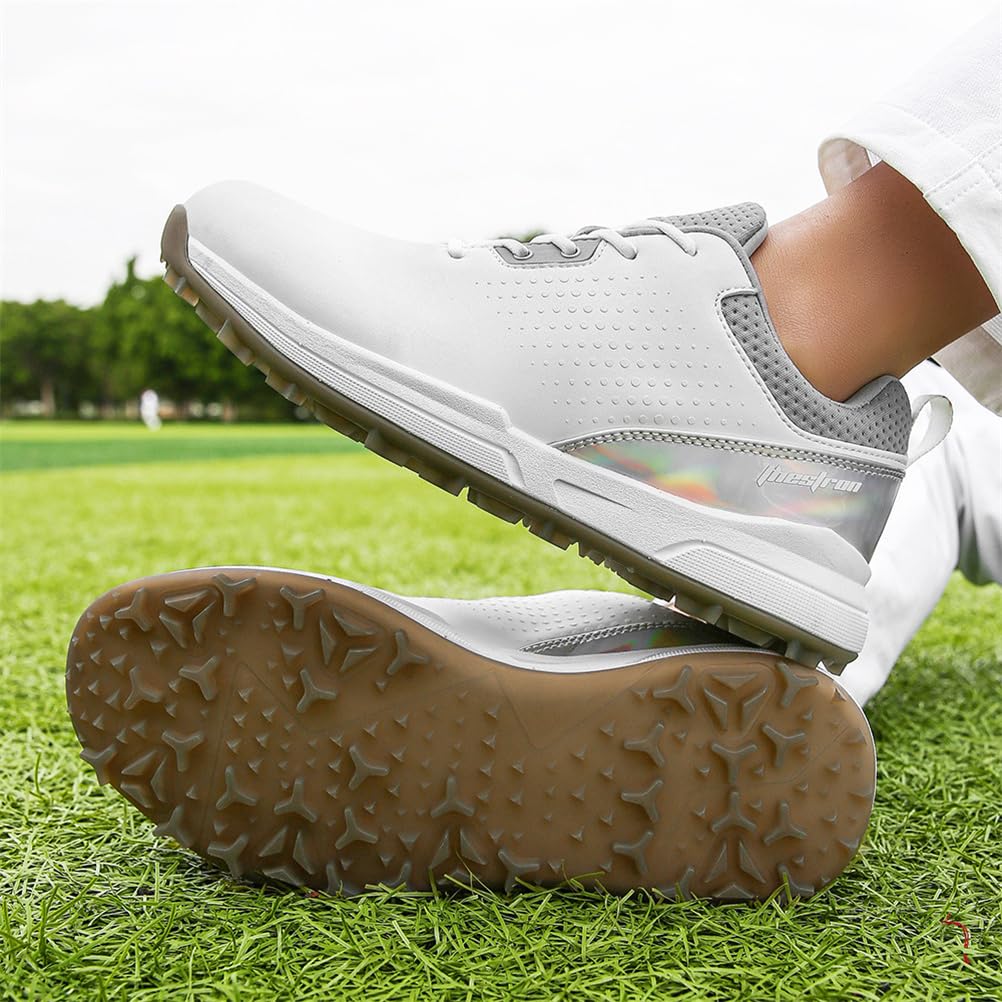 Męskie buty do golfa Spikless Leather Wide Fitting Golf Sneakers Outdoor Large Size Wodoodporne obuwie do chodzenia,White,41 EU