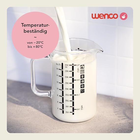 wenco Glass Measuring Jug 500 ml - Measuring Jug with Two Scales and Different Units Transparent Heat-Resistant Ideal for Precise Measuring of Liquids and Ingredients Dishwasher Safe
