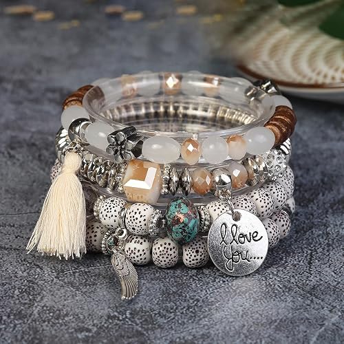 Bohemian Stackable Bead Bracelets, Multilayered Boho Strand Bangle Charm Jewelry2