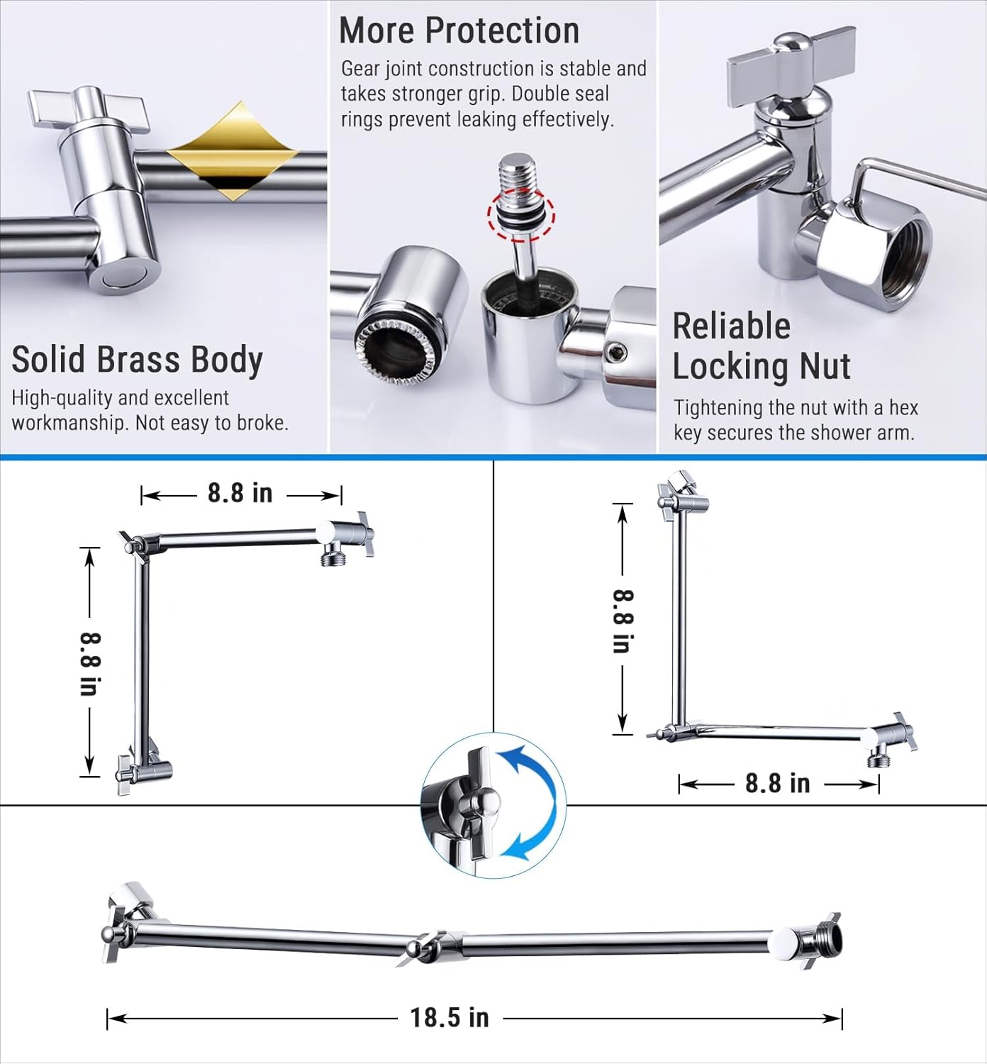 G-Promise 18 Inch Shower Head Extension Arm, Solid Brass Height & Angle Adjustable Extender, Rise or Lower Rainfall and Fixed Shower Head (Chrome)