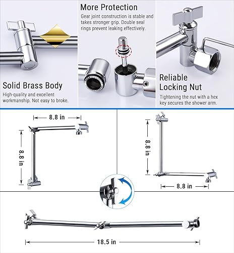Vista 44 de G-Promise Brazo de extensión de cabezal de ducha de 16 pulgadas, extensor ajustable de altura y ángulo de latón macizo, lluvia ascendente o inferior