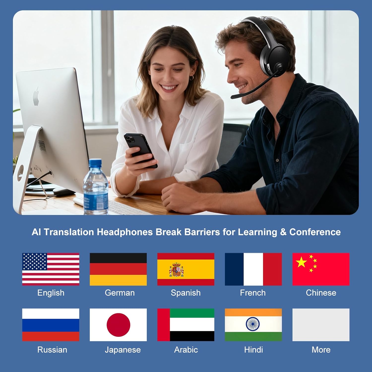 AI Translation Headphones Real Time, 144 Languages Learning Headphones, Meeting Recording + TF Card, Ear Return, Over-Ear Translation Device for Learning –Black - Image 11