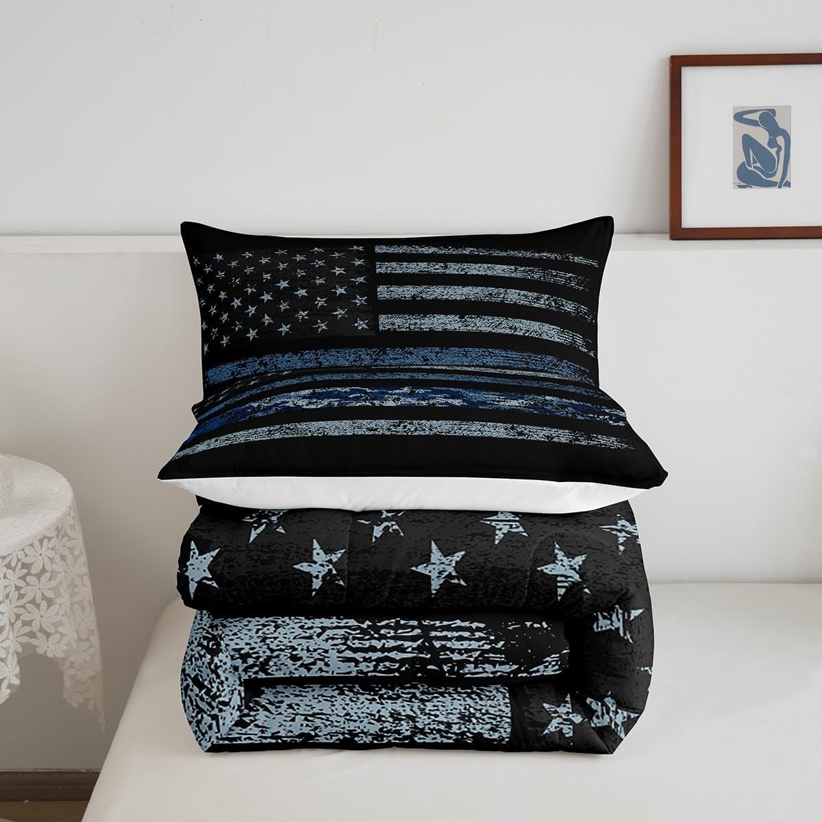 American Flag Full Size Comforter Set,Blue Camouflage Bedding Set for Adults Teens,Children Retro Style Comforter Luxury Farmhouse Theme Quilt Set Room Decor 3Pcs