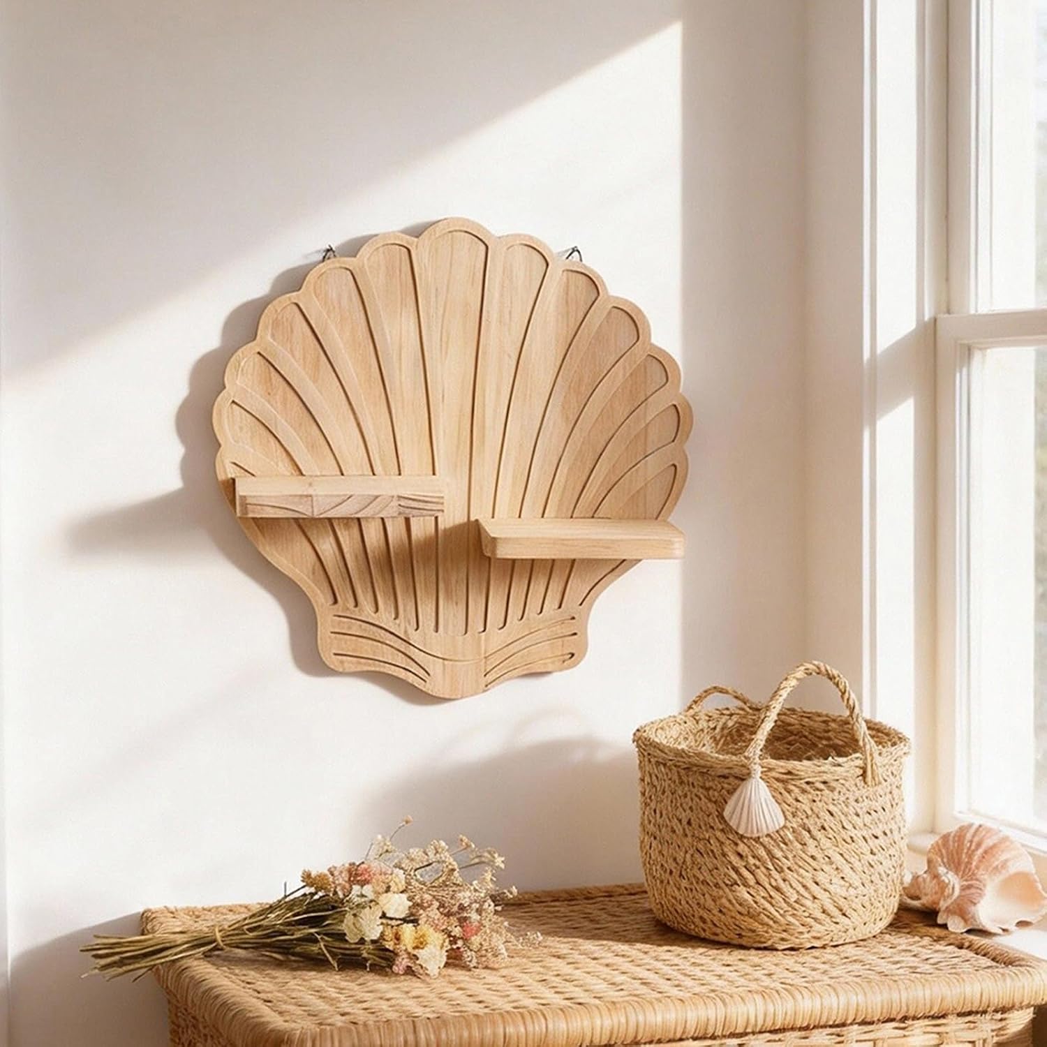 Seashells Wall Shelf Rustics Wood Floating Shelves Wall Mounted, Small Plant Display Shelving for Living Room, Bedroom Mounted Floating Shelf