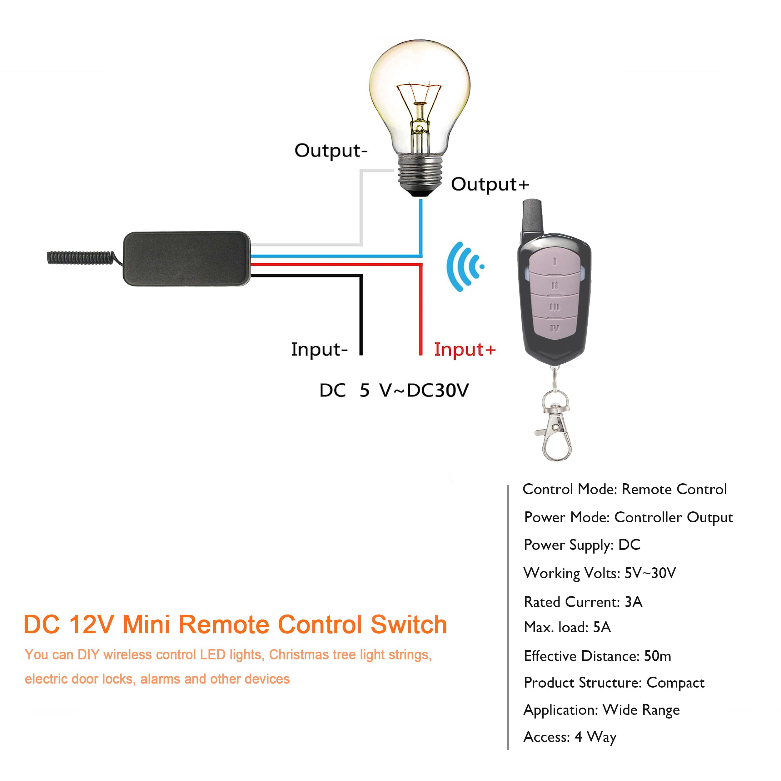 Interrupteur radio DC 4 voies Télécommande sans fil DC 5V/12V/24V 3A Mini interrupteur à distance,1 canal radio,pour réglettes d'éclairage,serrures de portes électriques,cloches d'alarme.