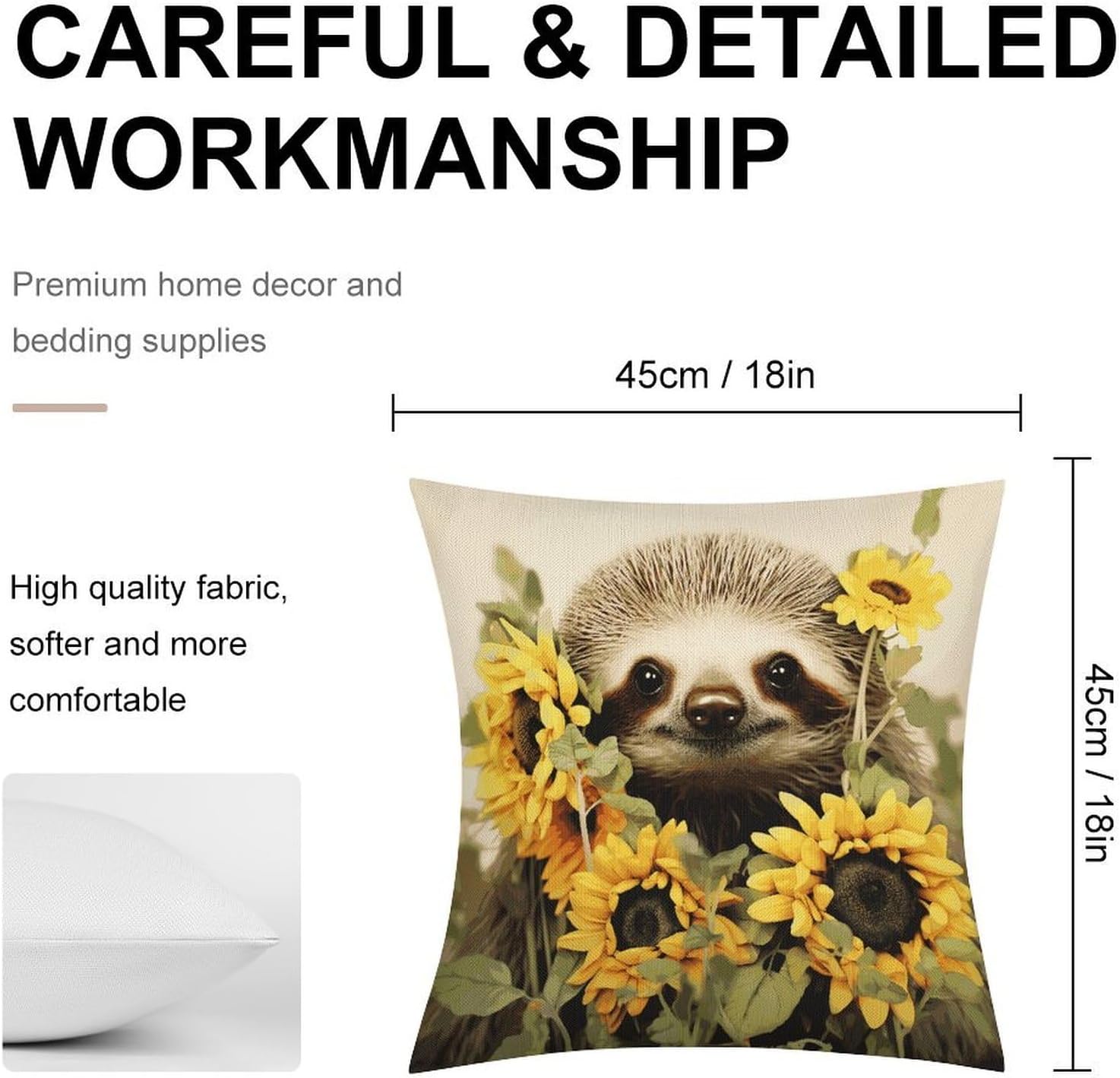 Sloth Sunflower Pillow Protectors Cute Waterproof Pillow Cover Soft Skin-Friendly Cushion Case Decorative Square Cushion Cover for Couch Sofa Bed Living Room Bedroom
