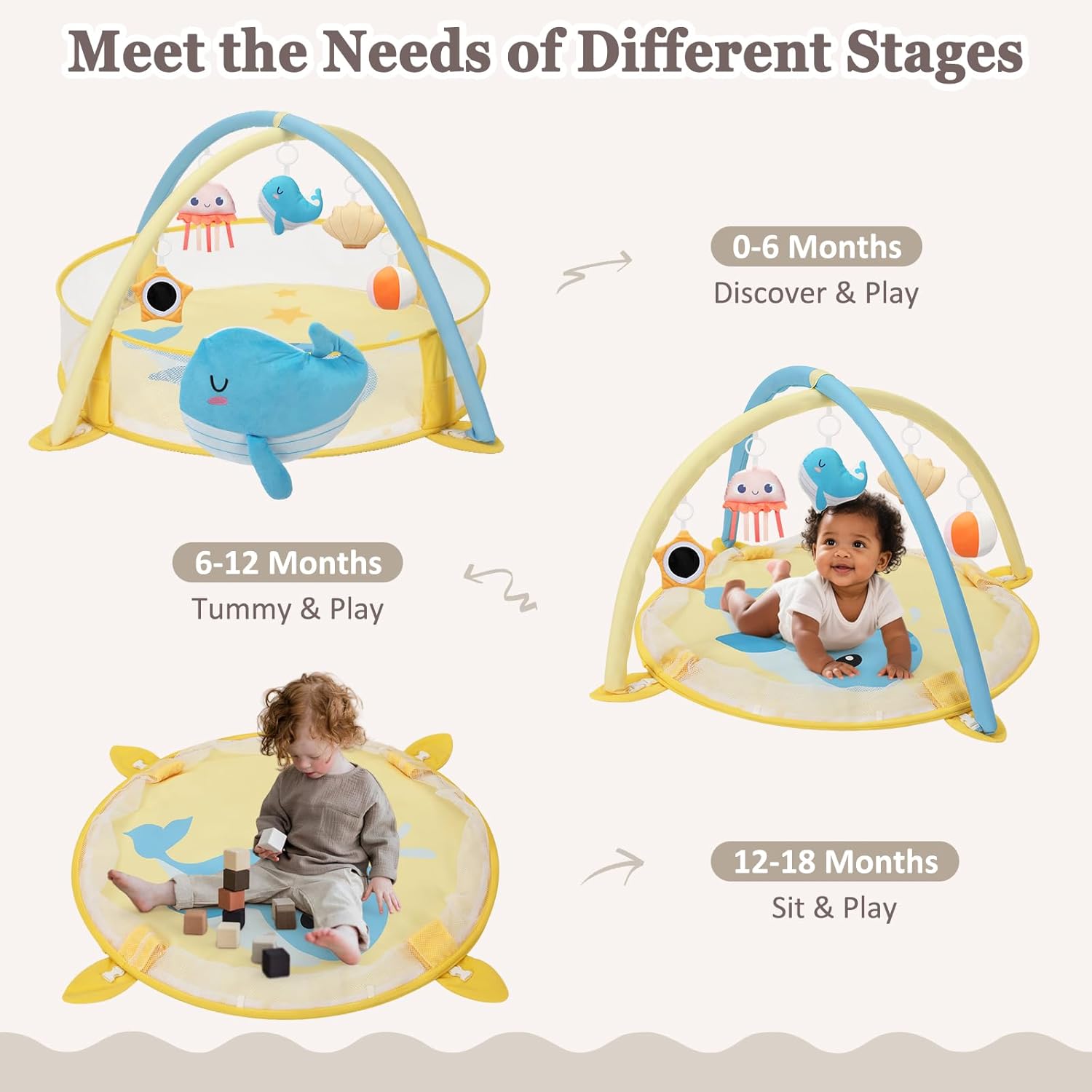 7-in-1 XL Large Baby Play Gym Mat, Tummy Time Mat, Baby Gym & Ball Pit, Baby Activity Mat with Milestone Cards & 6 Detachable Toys for Sensory Motor Skill, Whale