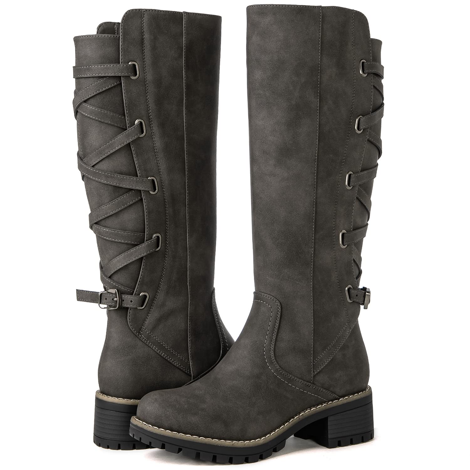 GLOBALWIN Womens Strappy Motorcycle Knee High Boots Riding Boots Back Lace Up Fall Winter Fashion Knee High Boots