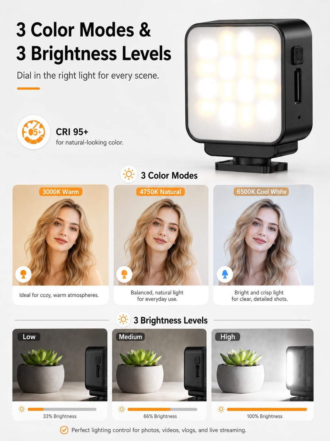 Magnetic Mini LED Light for DJI Osmo Pocket 3 & Action Cameras, Rechargeable Cold Shoe Fill Light for Vlogging, Selfies & Video Recording, 3 Color Modes, 3 Brightness Levels