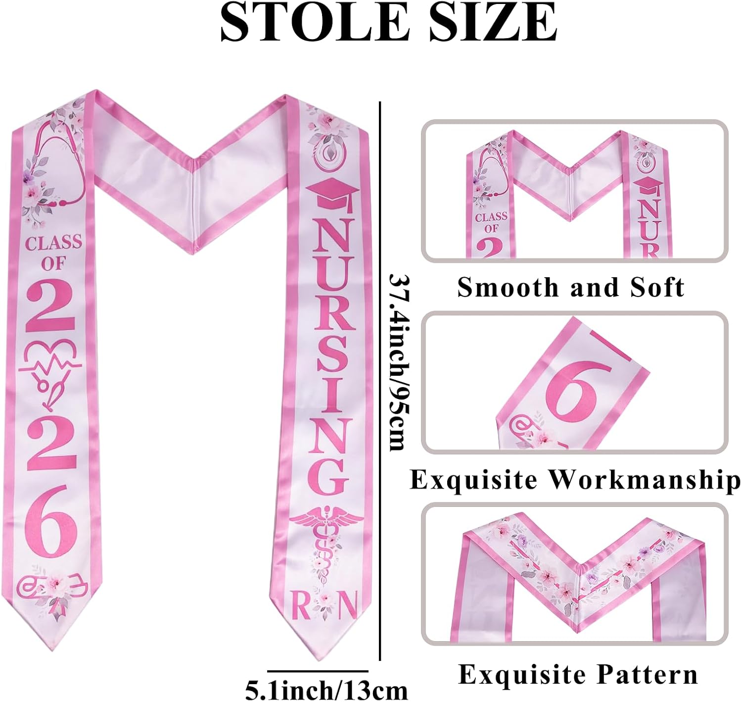 Nursing Stoles for Graduation 2026, Pink Satin with Graduation Cap Tassel 2026 Cord, RN Themed Design, 2026 Nursing School Graduation Gifts,3 Piece Set