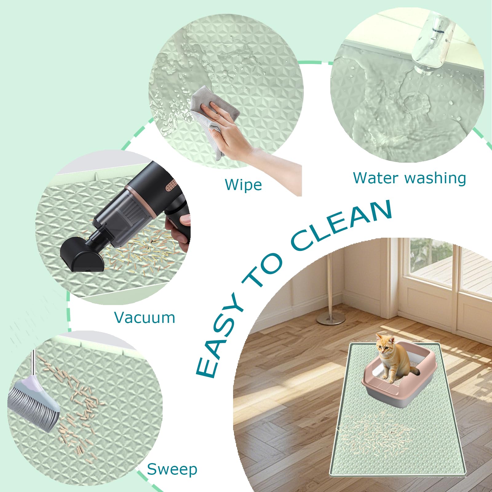Katzenklo Matte für Katzentoilette, Silikon Große Katzenstreu Fangmatte - 130 x 65 cm, wasserdicht & rutschfest, langlebig & leicht zu reinigen, Grün