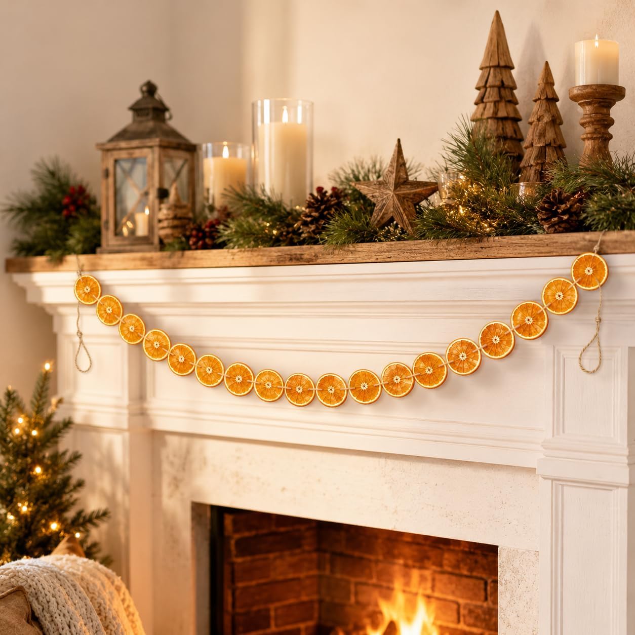 9FT Christmas Norfolk Pine Garland, Real Touch Greenery with 20 LED Lights