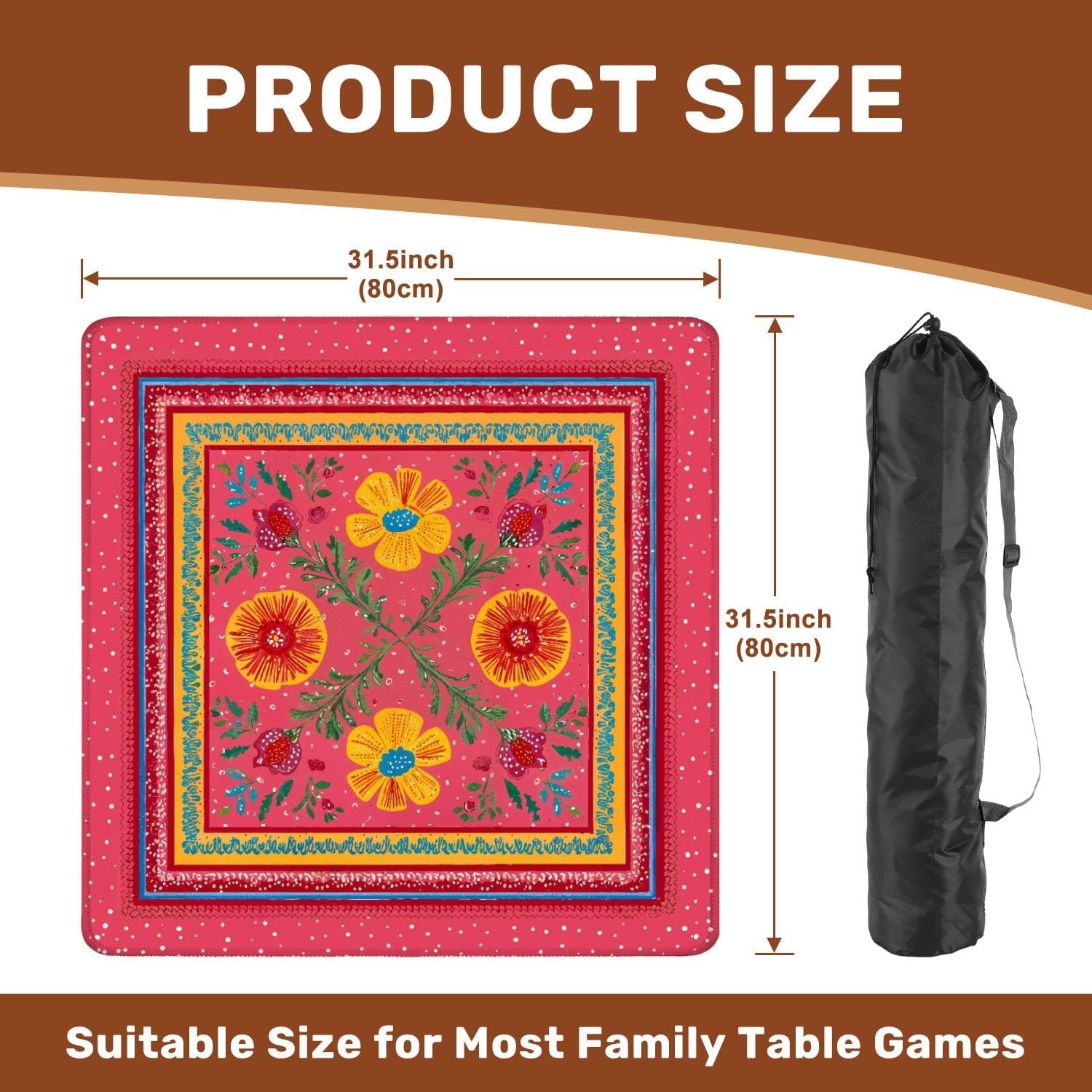 Mahjong Mat 31.5" x 31.5" Colorful Floral Yellow Flowers Vibrant Leaves Pink Non-Slip Noise Reduction Mahjong Tiles Table Cover for Dominoes Poker Card Board and Tile Games