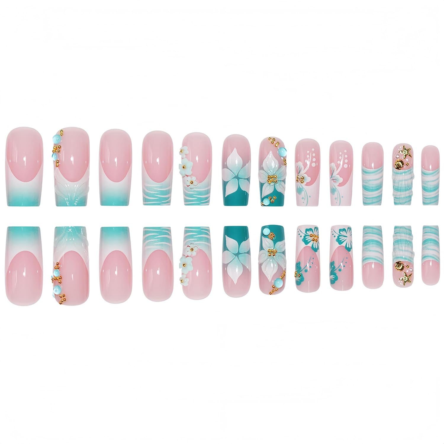 24Pcs Blue Flower Press on Nails Long Square Fake Nails 3D Floral with Gold Starfish Shell Rhinestones Summer Press Ons Designs Full Cover Hibiscus Stick on Nails French Tip False Nails for Women
