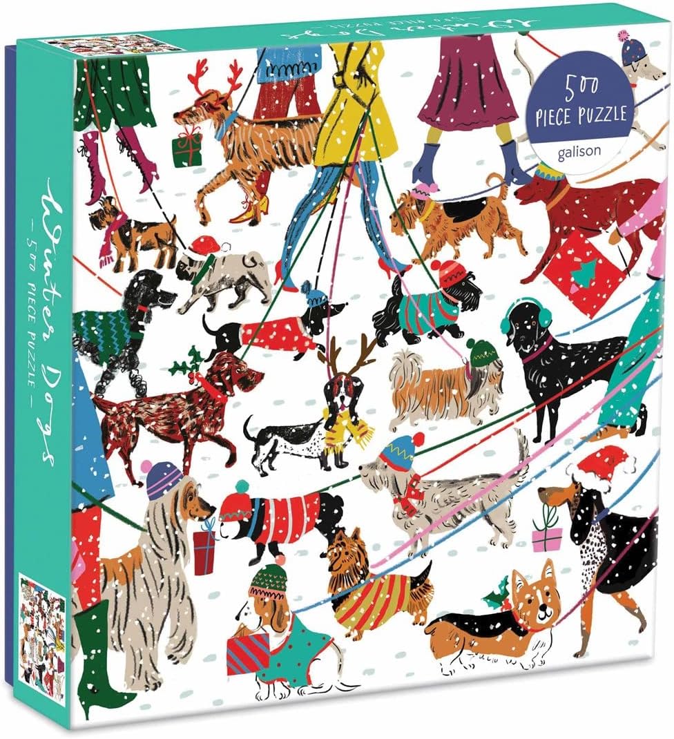 Galison - Winter Dogs 500 Piece Jigsaw Puzzle for Adults | Illustrated by Louise Cunningham Starling, Holiday, Festive, Challenging, Recycled Paper, No Dust, Finished Size 20" x 20"