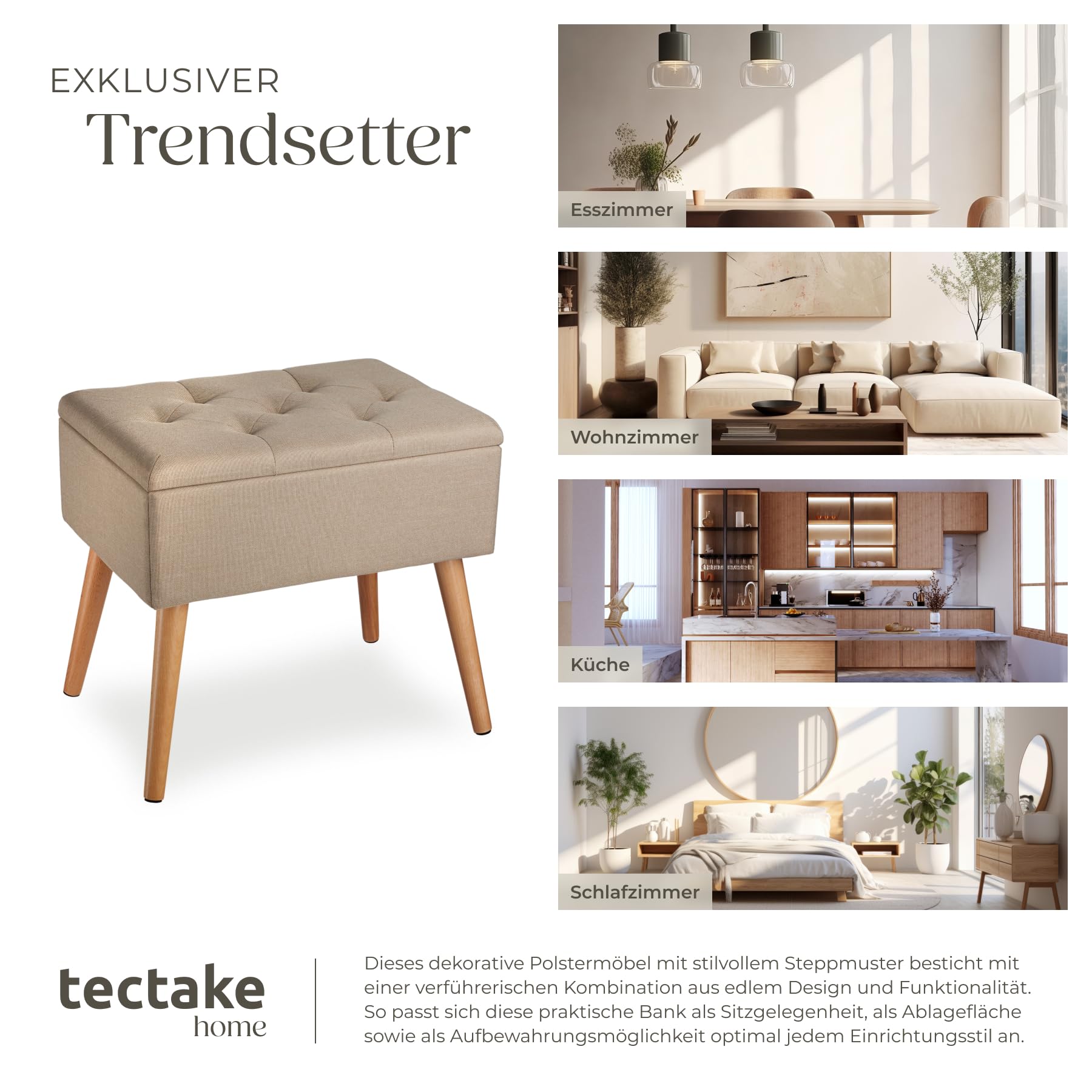 tectake® Hocker mit Stauraum, Sitzhocker mit Stauraum, Aufbewahrungsbox mit Deckel, Fußhocker in Leinenoptik, Hocker Holz Beine, als Sitzbank Flur, im Wohnzimmer oder Schlafzimmer - Sand