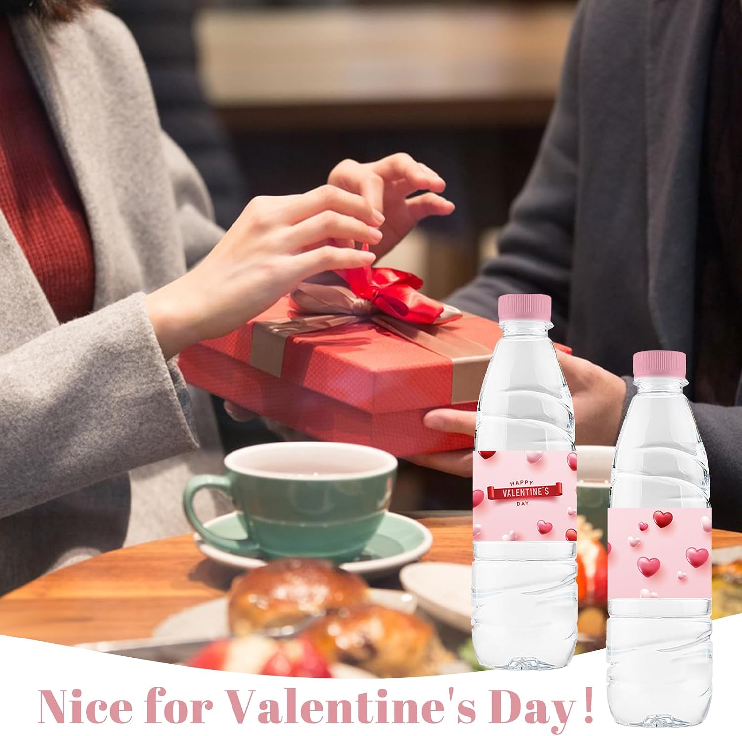 Pink Heart Water Bottle Labels, 50pcs Valentine's Day Bottle Label Stickers Self Adhesive Covers Couple Dating Party Supplies