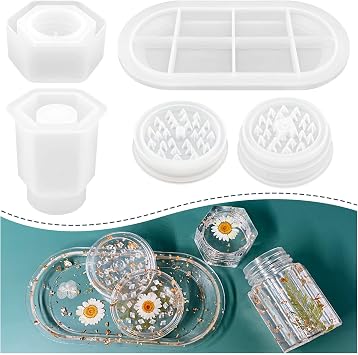 4 Pcs Silicone Resin Molds with Grinder Mold- Premium Resin Rolling Tray and Jar Mold with Lid Kit for Spice Grind and Storage, DIY Epoxy Casting Craft