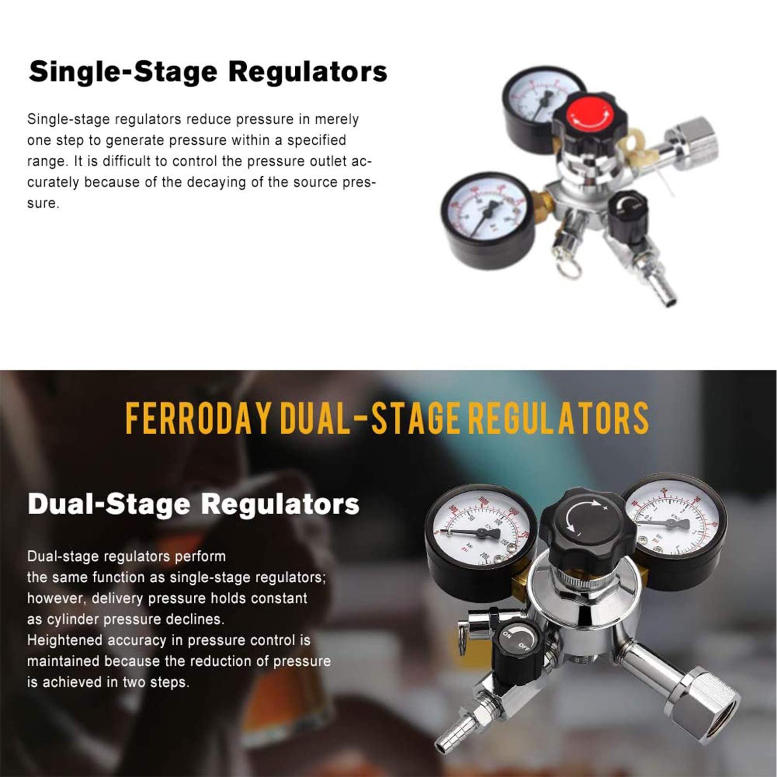 FERRODAY Dual Gauge CO2 Draft Beer Regulator Dual Stage Pressure