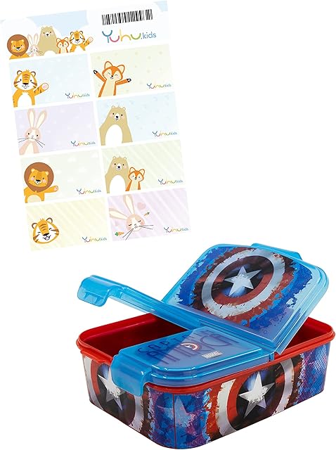 Avengers Captain America Kids Premium Lunch Box Lunch Box Breakfast Box Vesper Tin with 3 Compartments + Name Sticker