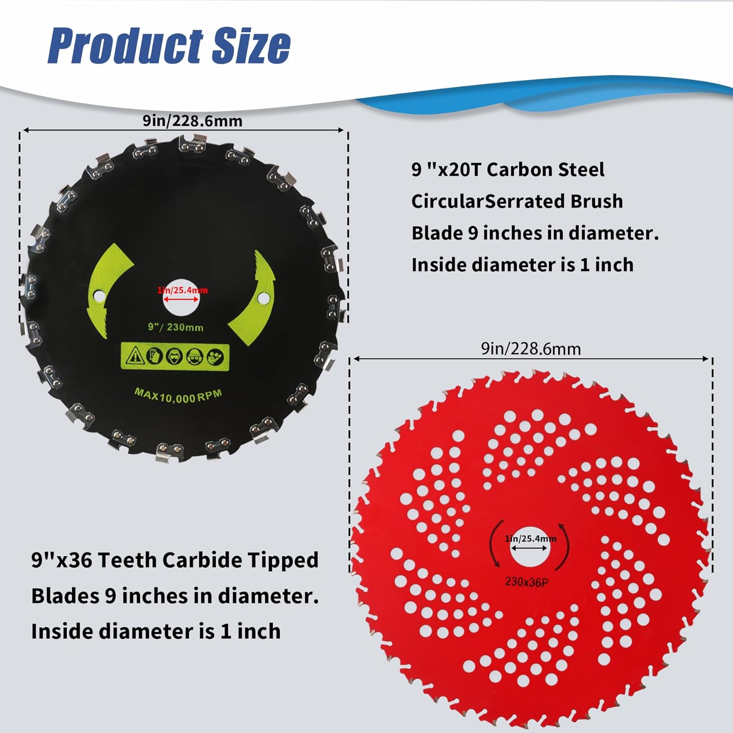 9" x20T Carbon Steel Round Chainsaw Tooth Brush Blades & 9" x 36 Teeth Carbide Tipped Blades with Universal Adapter Kit Compatible with Trimmer, Brush Cutter,Weed Eater, Brush Cutter,Husqvarna