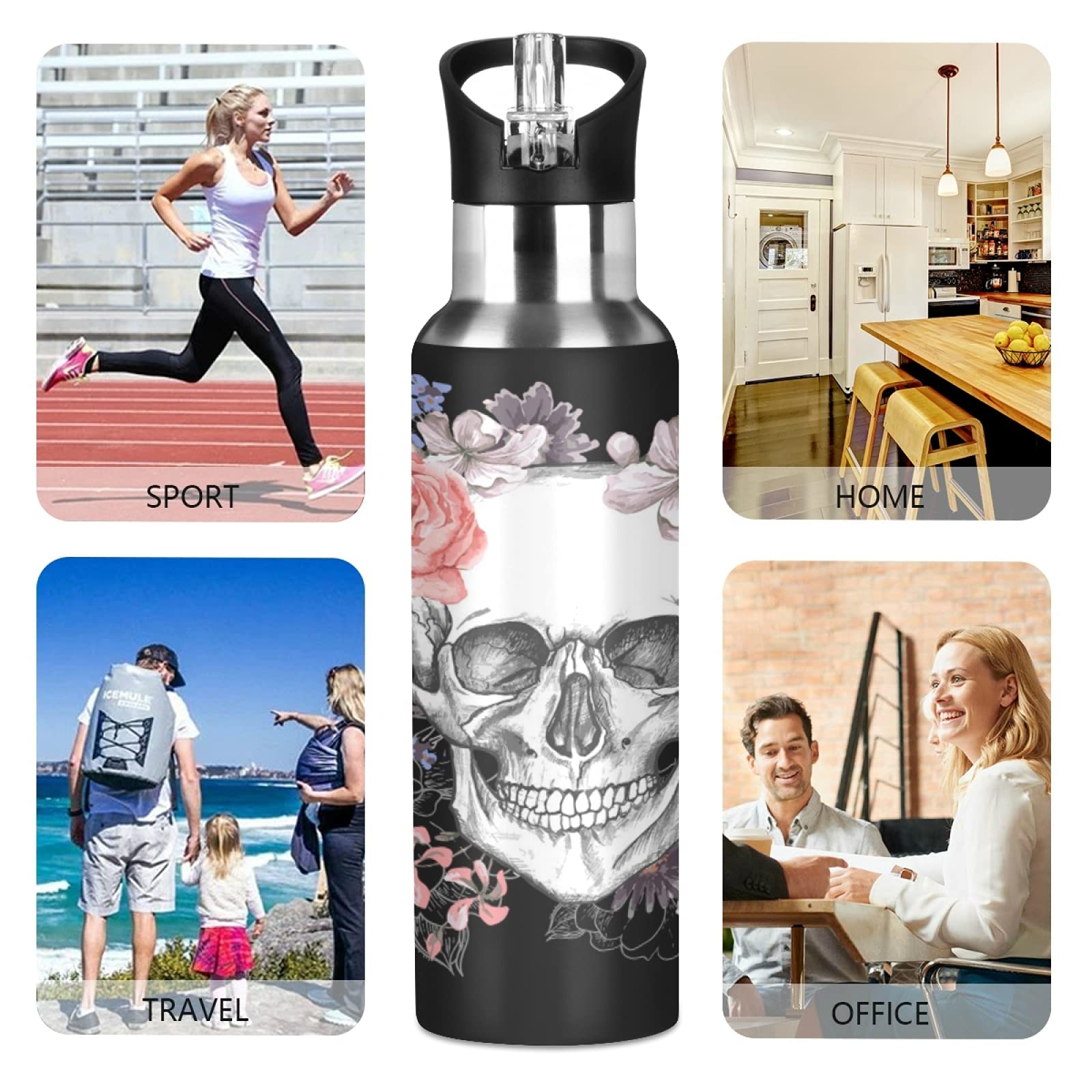 Vnurnrn Fantôme Mignon De Crâne De Sucre D'Halloween Bouteille D'eau Isotherme Avec Paille En Acier Inoxydable Gourde 600ML, Sans Bpa Gourdes Eau Pour Enfant Sport Randonnée École Bureau