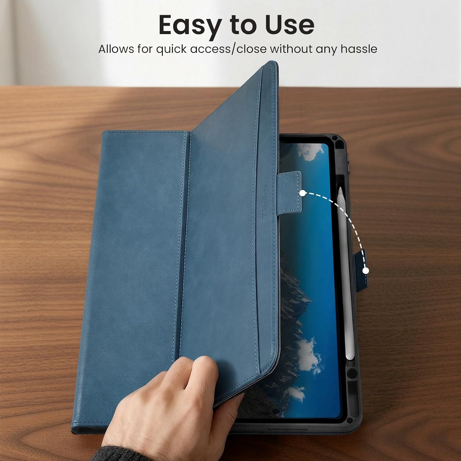 Handcrafted Case for iPad Pro 13 Inch M5 2025/M4 2024 with Pencil Holder & Hand Strap & Pocket,Auto Sleep/Wake,Magnetic Closure,Multi Angles Stand Cover,Protective Folio PU Leather,Light Blue