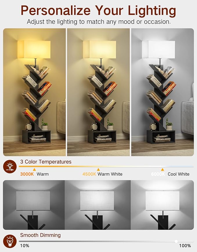 OUTONLIFE 6 Tier Tree Bookshelf with Light, Remote & Timer, Modern Tall Floor Standing Book Shelf, Narrow Wood Bookcase, Small Book Organizer Shelves for Living Room, Bedroom, Office (Black) photo 3