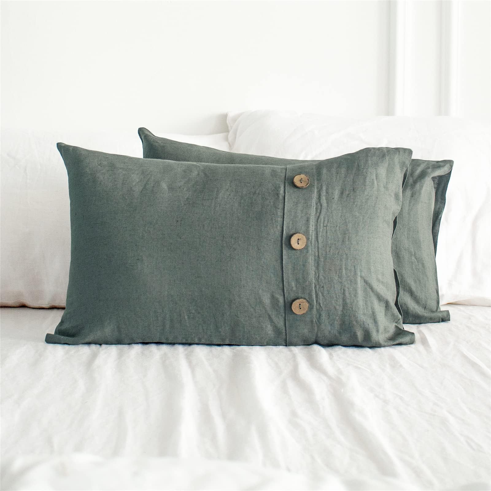 Simple&Opulence 100% Linen Lumbar Pillow Cover 12 x 20 Inch Set of 2 Rectangular Decorative Pillow Cover with Vintage Triple Coconut Button for Couch Sofa Bed Living Room Office Décor - Cushing GreenOEKO-TEX STANDARD 100