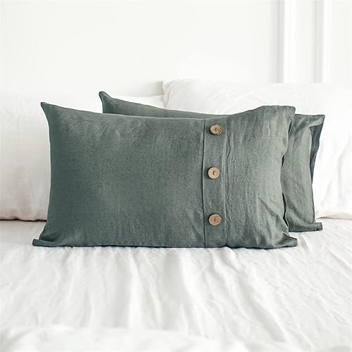 Miniatura 40 de Simple&Opulence - Juego de funda de edredón 100 % lino, 2 piezas con cierre de botón de coco, de lino francés lavado, color liso, suave