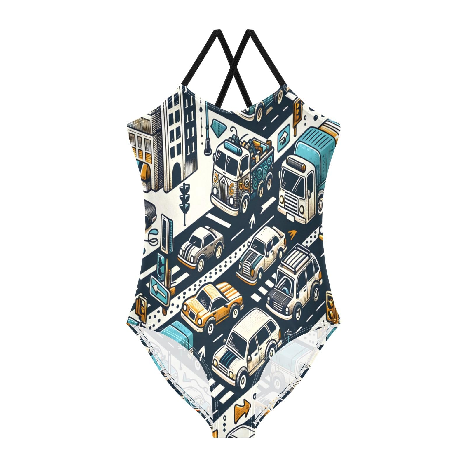 Hand Drawn Cars Girls One-Piece Swimsuit Beach Bathing Suit