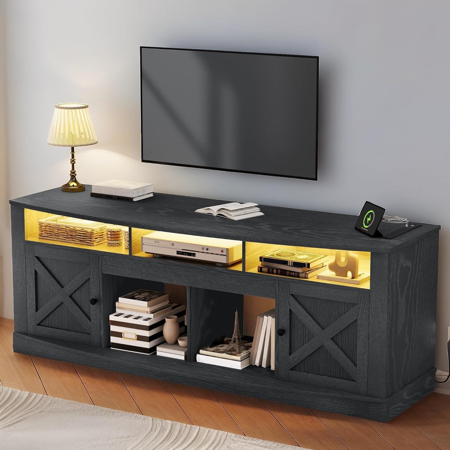 Photo 1 of YITAHOME Farmhouse TV Stand with Fireplace for 75/80 Inch TVs, Entertainment Center with LED Lights for Living Room, 36" Electric Fireplace, Media Console with Barn Door Cabinet, Black