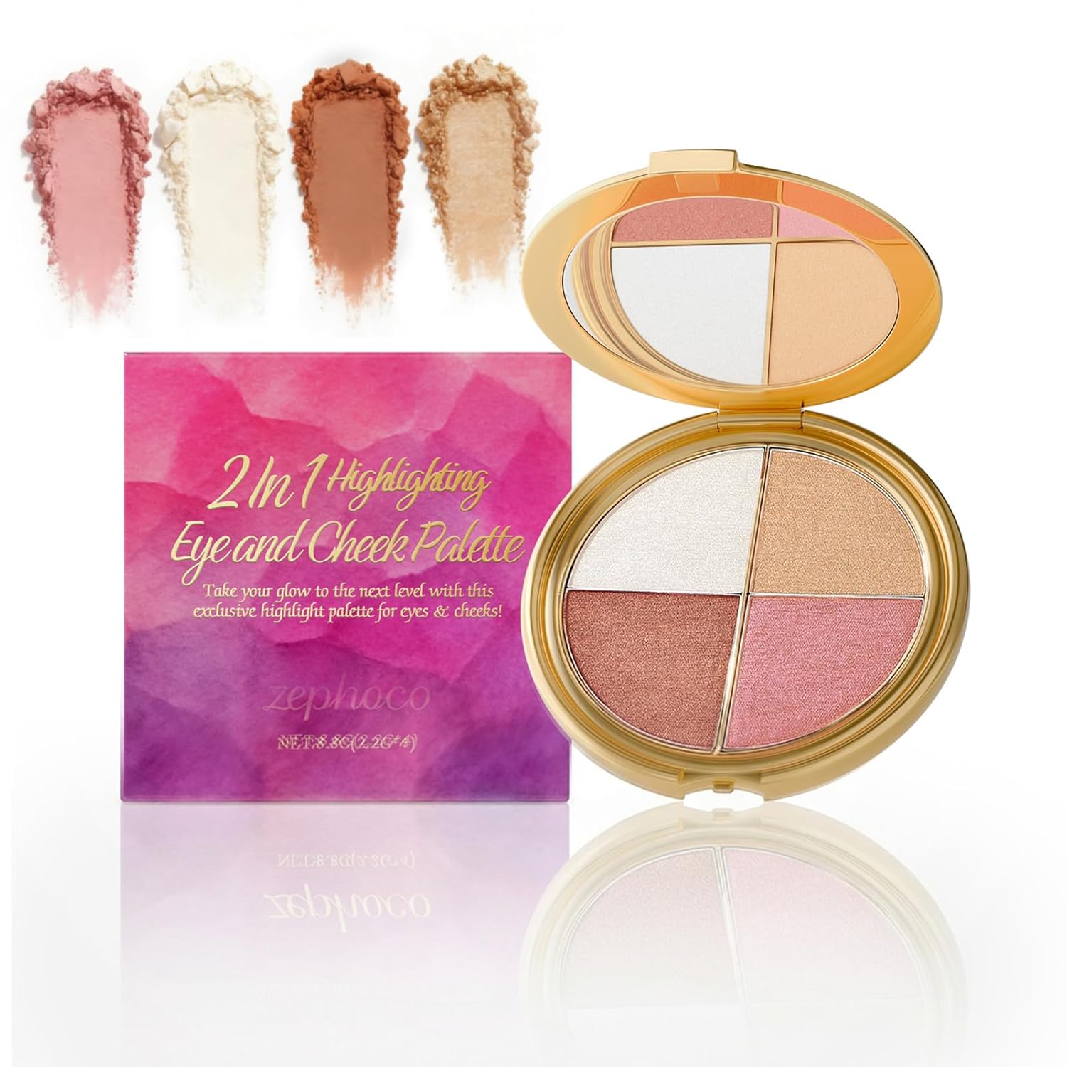 Eye & Cheek Glow Palette, 4 In 1 Eyeshadow, Highlighter, Blush & Contour Makeup Palette for Women, Long-Lasting Silky Face Glow Kit, Multi-Use Radiant Makeup for All Skin Tones