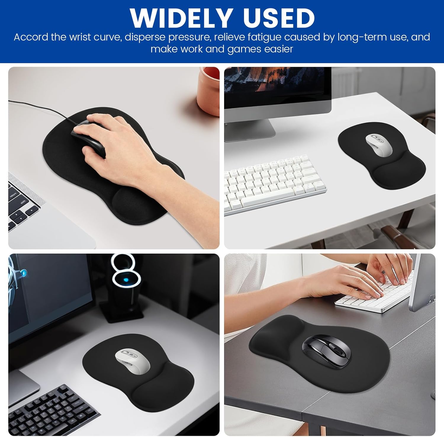 Ergonomic Mouse Pad with Gel Wrist Rest 4 Pack, Smooth Wrist Support Surface, Comfortable Mousepad with Non-Slip Base for Laptop, Computer, Office & Home Desk Accessories.