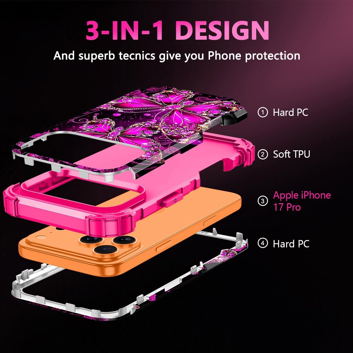 Casetego for iPhone 17 Pro Case,Glow in The Dark Three Layer Heavy Duty Sturdy Shockproof Full Protection Rugged Hard PC+Soft TPU Bumper Case for Apple iPhone 17 Pro 6.3 inch,All Hot Pink - Image 4