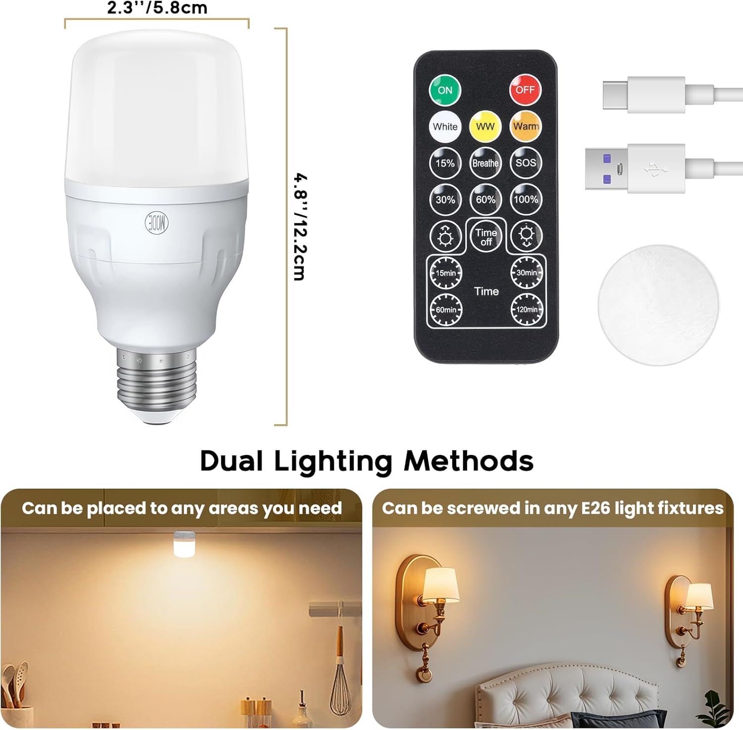 E26 Rechargeable Light Bulbs with Remote and Timer, Battery Operated Bulb with 3 Color Temperatures, Dimmable, 2000mAh 40W Equivalent USB Battery Powered LED Bulbs for Lamps Sconces Camping, 2 Pack